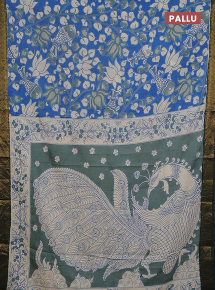 Kalamkari semi silk saree blue and bottle green with allover prints and mangalgiri border
