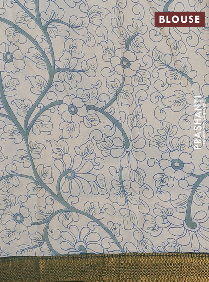 Kalamkari semi silk saree blue and bottle green with allover prints and mangalgiri border