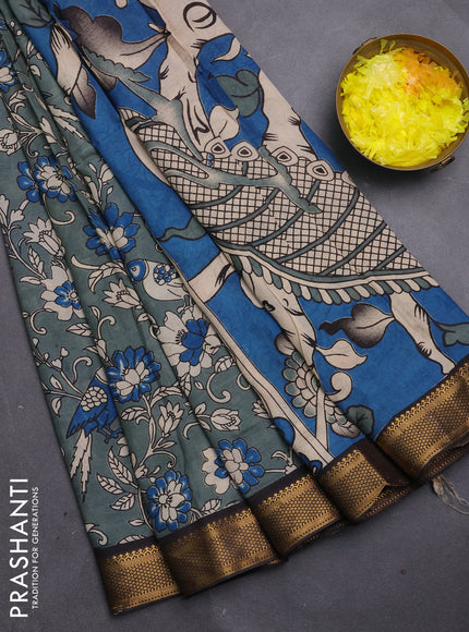 Kalamkari semi silk saree pastel green and black with allover prints and mangalgiri border