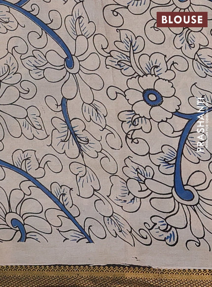 Kalamkari semi silk saree pastel green and black with allover prints and mangalgiri border