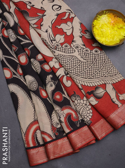 Kalamkari semi silk saree black and beige with allover prints and mangalgiri border