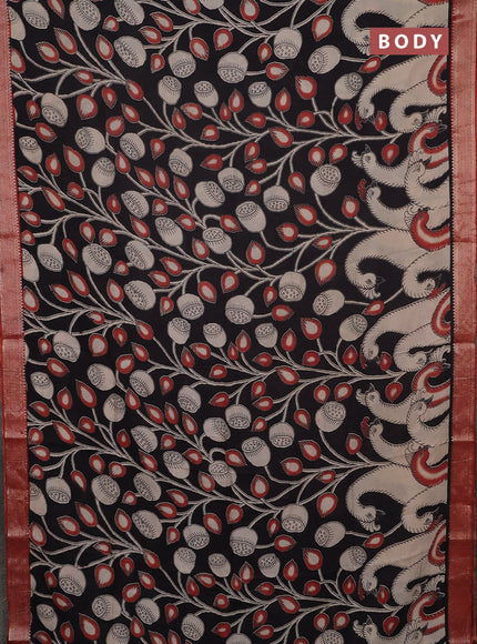 Kalamkari semi silk saree black and beige with allover prints and mangalgiri border