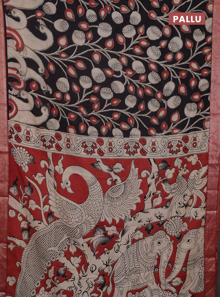Kalamkari semi silk saree black and beige with allover prints and mangalgiri border