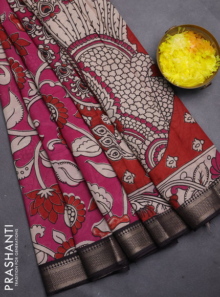 Kalamkari semi silk saree magenta pink and black with allover prints and mangalgiri border