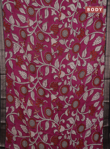 Kalamkari semi silk saree magenta pink and black with allover prints and mangalgiri border