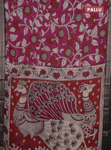 Kalamkari semi silk saree magenta pink and black with allover prints and mangalgiri border