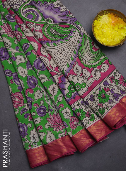 Kalamkari semi silk saree light green and wine shade with allover prints and mangalgiri border