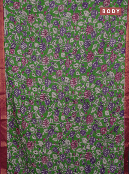 Kalamkari semi silk saree light green and wine shade with allover prints and mangalgiri border