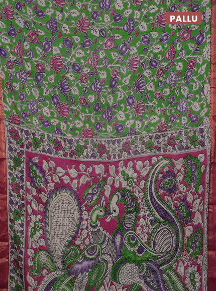 Kalamkari semi silk saree light green and wine shade with allover prints and mangalgiri border