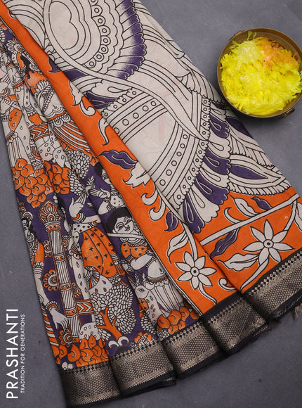 Kalamkari semi silk saree deep violet and black with allover prints and mangalgiri border