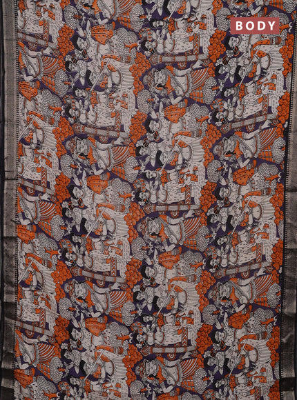 Kalamkari semi silk saree deep violet and black with allover prints and mangalgiri border