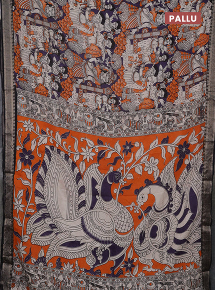 Kalamkari semi silk saree deep violet and black with allover prints and mangalgiri border