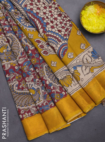 Kalamkari semi silk saree deep maroon and yellow with allover prints and mangalgiri border