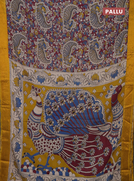 Kalamkari semi silk saree deep maroon and yellow with allover prints and mangalgiri border