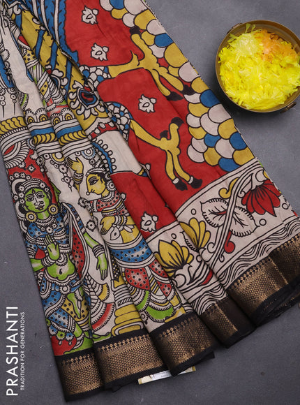 Kalamkari semi silk saree maroon and black with allover prints and mangalgiri border