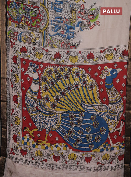 Kalamkari semi silk saree maroon and black with allover prints and mangalgiri border