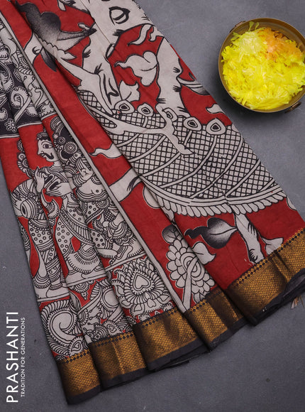 Kalamkari semi silk saree rust shade and black with allover prints and mangalgiri border