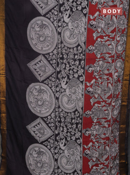 Kalamkari semi silk saree rust shade and black with allover prints and mangalgiri border