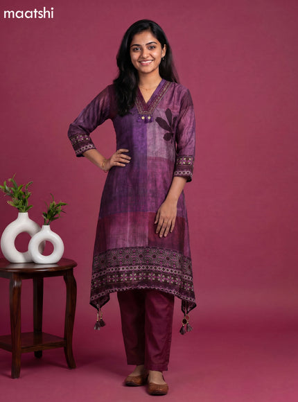 Multi Colour and Maroon Art Tussar Printed & Embroidery Work Fish Cut Kurti Set