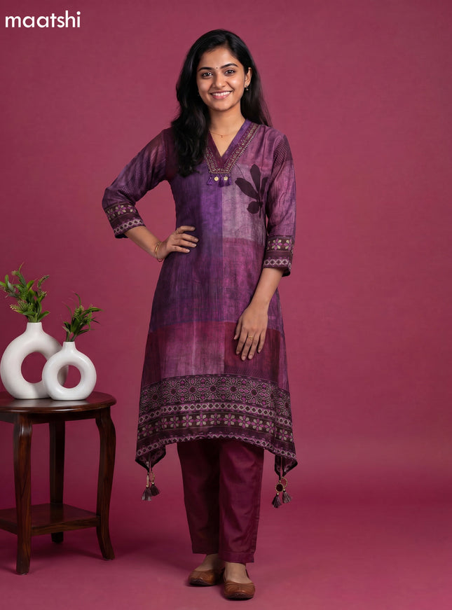 Multi Colour and Maroon Art Tussar Printed & Embroidery Work Fish Cut Kurti Set