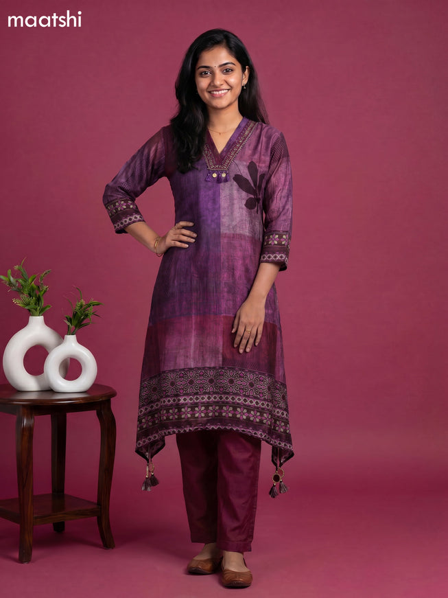 Multi Colour and Maroon Art Tussar Printed & Embroidery Work Fish Cut Kurti Set