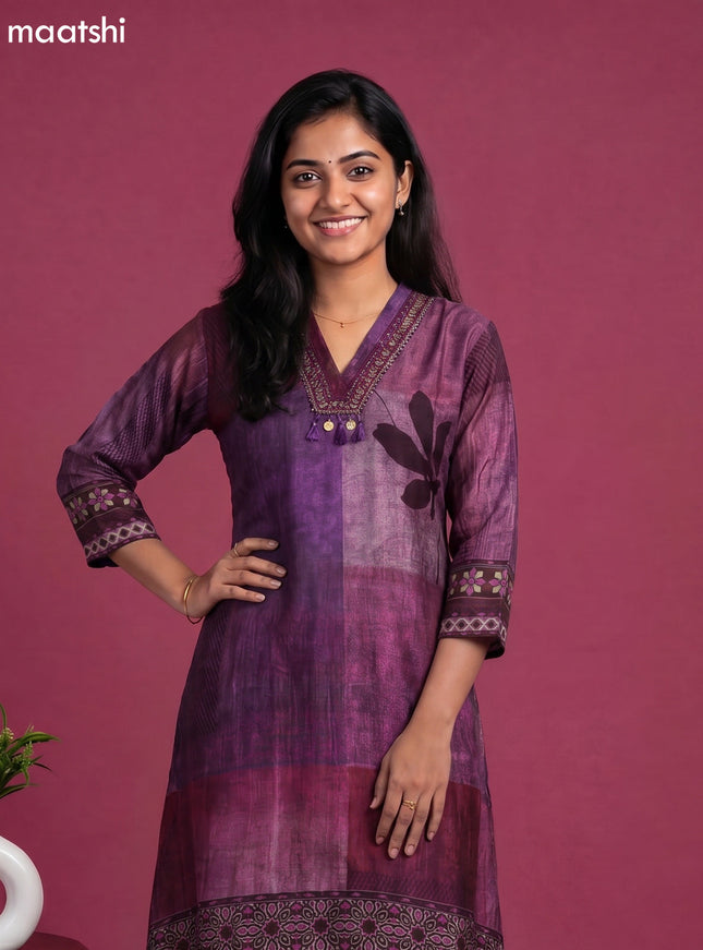 Multi Colour and Maroon Art Tussar Printed & Embroidery Work Fish Cut Kurti Set