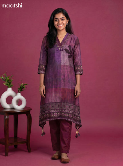 Multi Colour and Maroon Art Tussar Printed & Embroidery Work Fish Cut Kurti Set