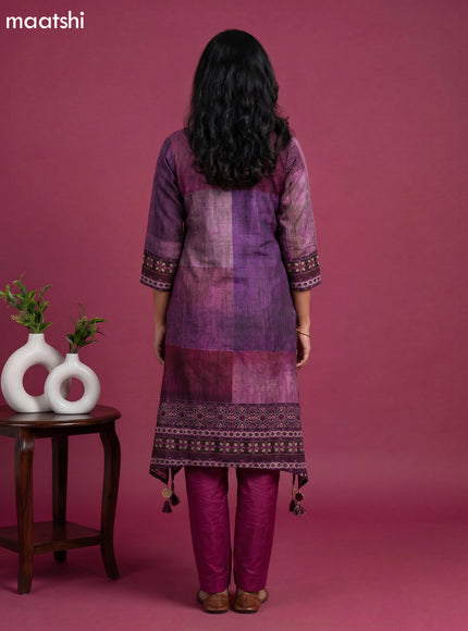 Multi Colour and Maroon Art Tussar Printed & Embroidery Work Fish Cut Kurti Set