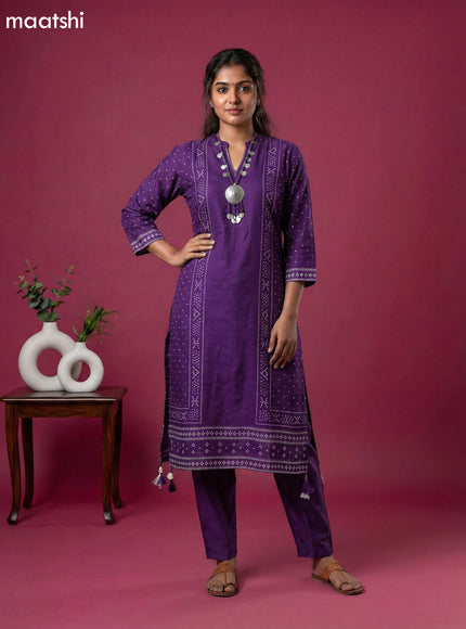 Violet Art Tussar Bandhini Printed Fish Cut Kurti Set