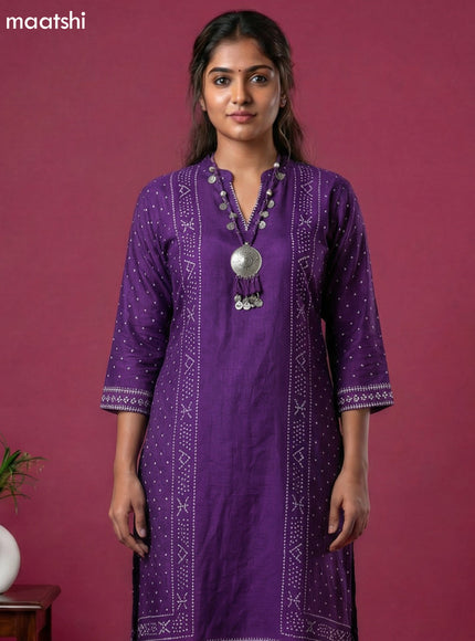 Violet Art Tussar Bandhini Printed Fish Cut Kurti Set