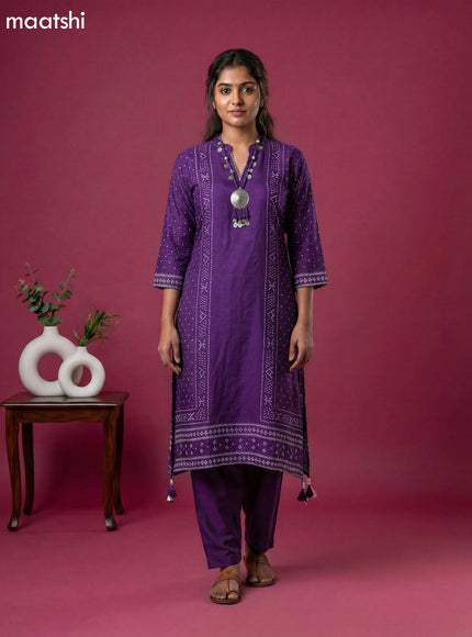 Violet Art Tussar Bandhini Printed Fish Cut Kurti Set