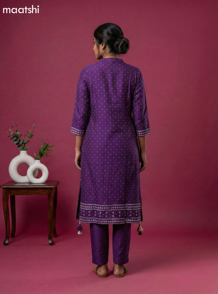 Violet Art Tussar Bandhini Printed Fish Cut Kurti Set
