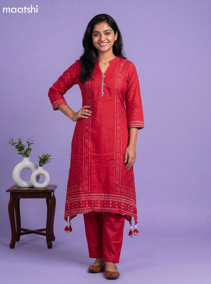 Red Art Tussar Bandhini Printed Fish Cut Kurti Set