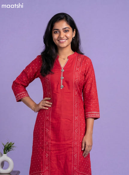 Red Art Tussar Bandhini Printed Fish Cut Kurti Set
