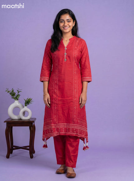 Red Art Tussar Bandhini Printed Fish Cut Kurti Set