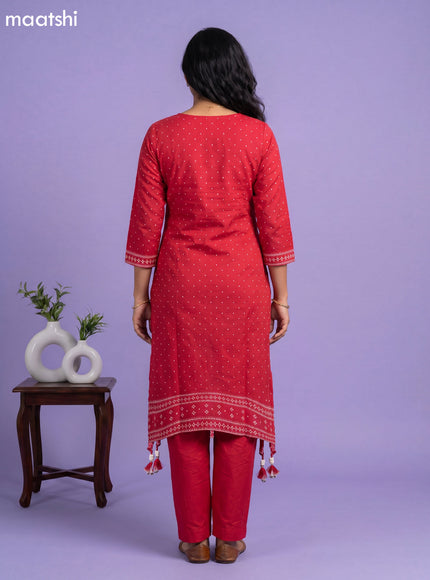 Red Art Tussar Bandhini Printed Fish Cut Kurti Set