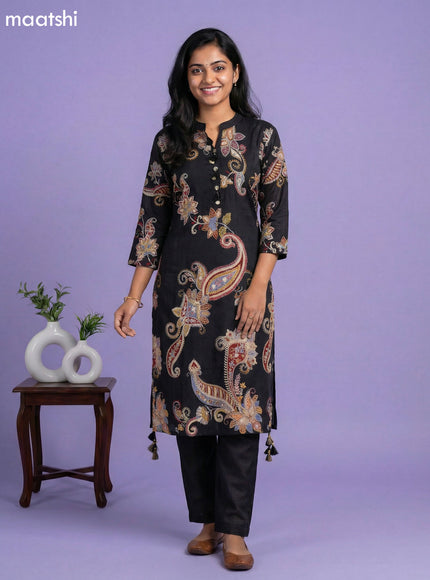 Black and Multi Colour Art Tussar Printed Fish Cut Kurti Set