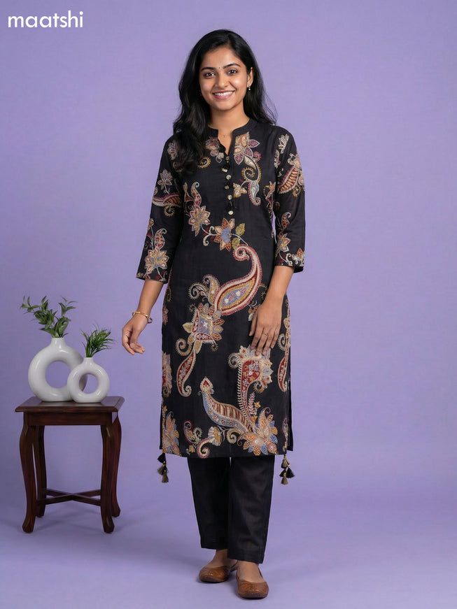 Black and Multi Colour Art Tussar Printed Fish Cut Kurti Set