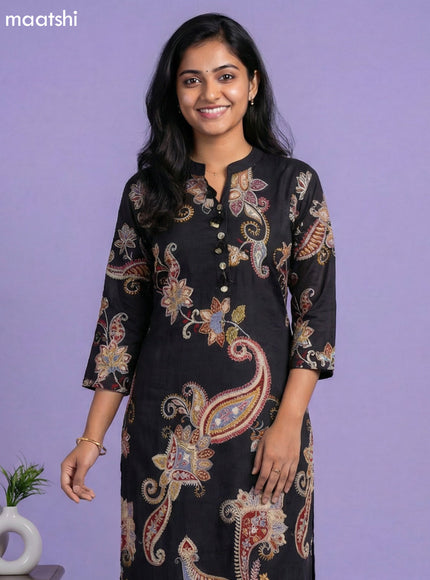 Black and Multi Colour Art Tussar Printed Fish Cut Kurti Set