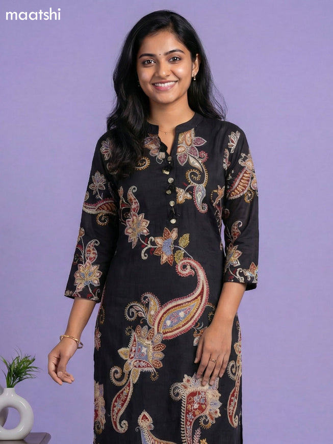 Black and Multi Colour Art Tussar Printed Fish Cut Kurti Set