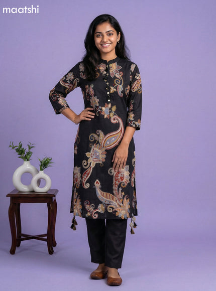 Black and Multi Colour Art Tussar Printed Fish Cut Kurti Set