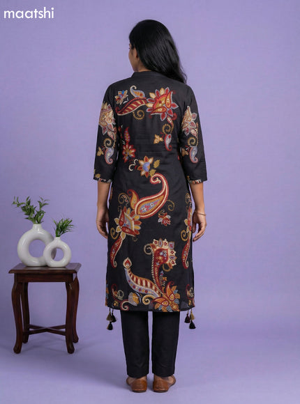 Black and Multi Colour Art Tussar Printed Fish Cut Kurti Set