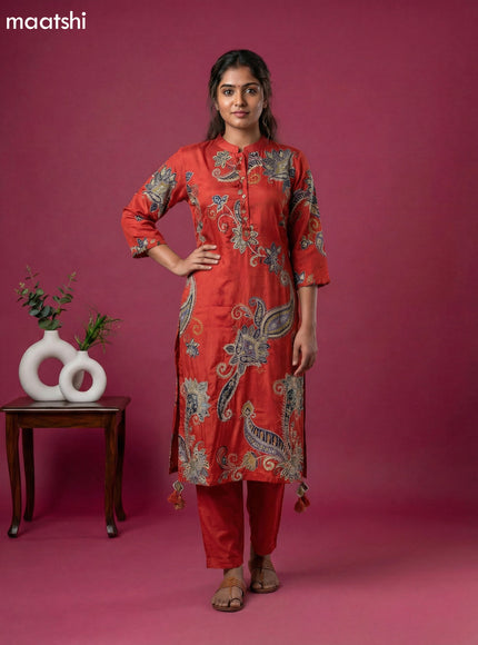 Rustic Orange Art Tussar Printed Fish Cut Kurti Set