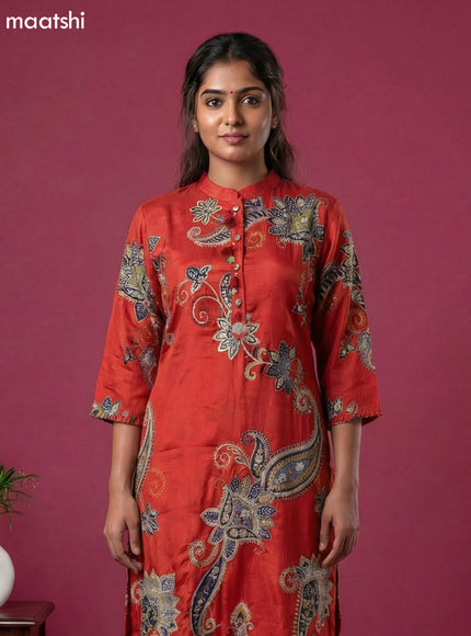 Rustic Orange Art Tussar Printed Fish Cut Kurti Set