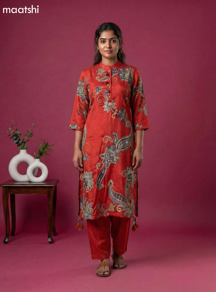 Rustic Orange Art Tussar Printed Fish Cut Kurti Set