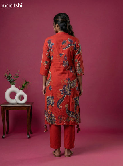 Rustic Orange Art Tussar Printed Fish Cut Kurti Set