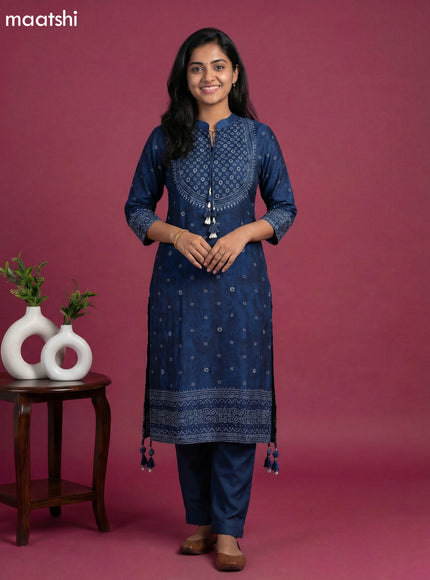 Peacock Blue Art Tussar Printed Fish Cut Kurti Set