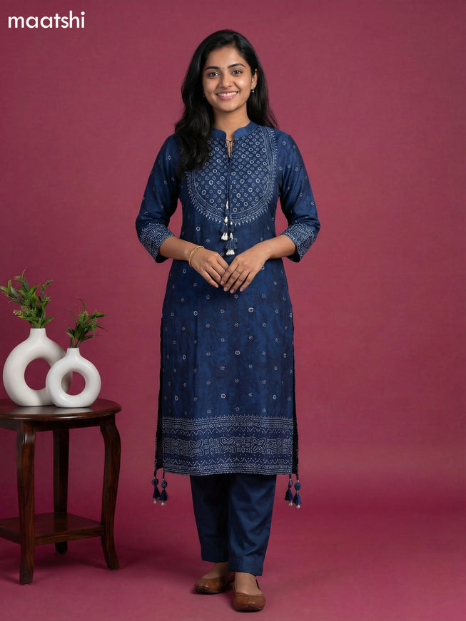 Peacock Blue Art Tussar Printed Fish Cut Kurti Set