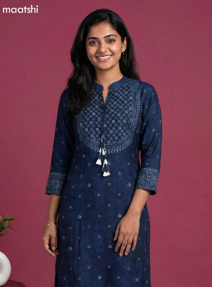 Peacock Blue Art Tussar Printed Fish Cut Kurti Set