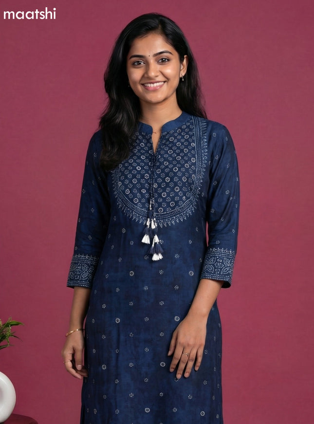 Peacock Blue Art Tussar Printed Fish Cut Kurti Set